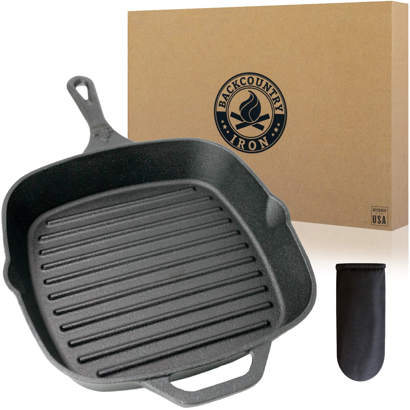 Backcountry Iron front view of 12-inch square grill pan showing cooking surface benefit