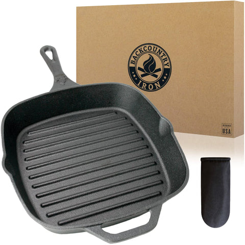 Backcountry Iron front view of 12-inch square grill pan showing cooking surface benefit