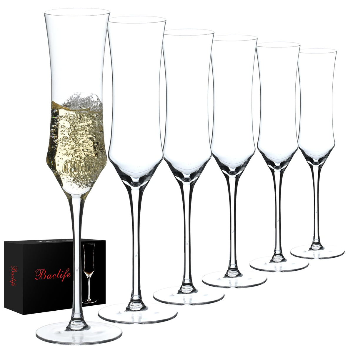 BACLIFE front packaging showing six crystal champagne flutes for elegant presentation