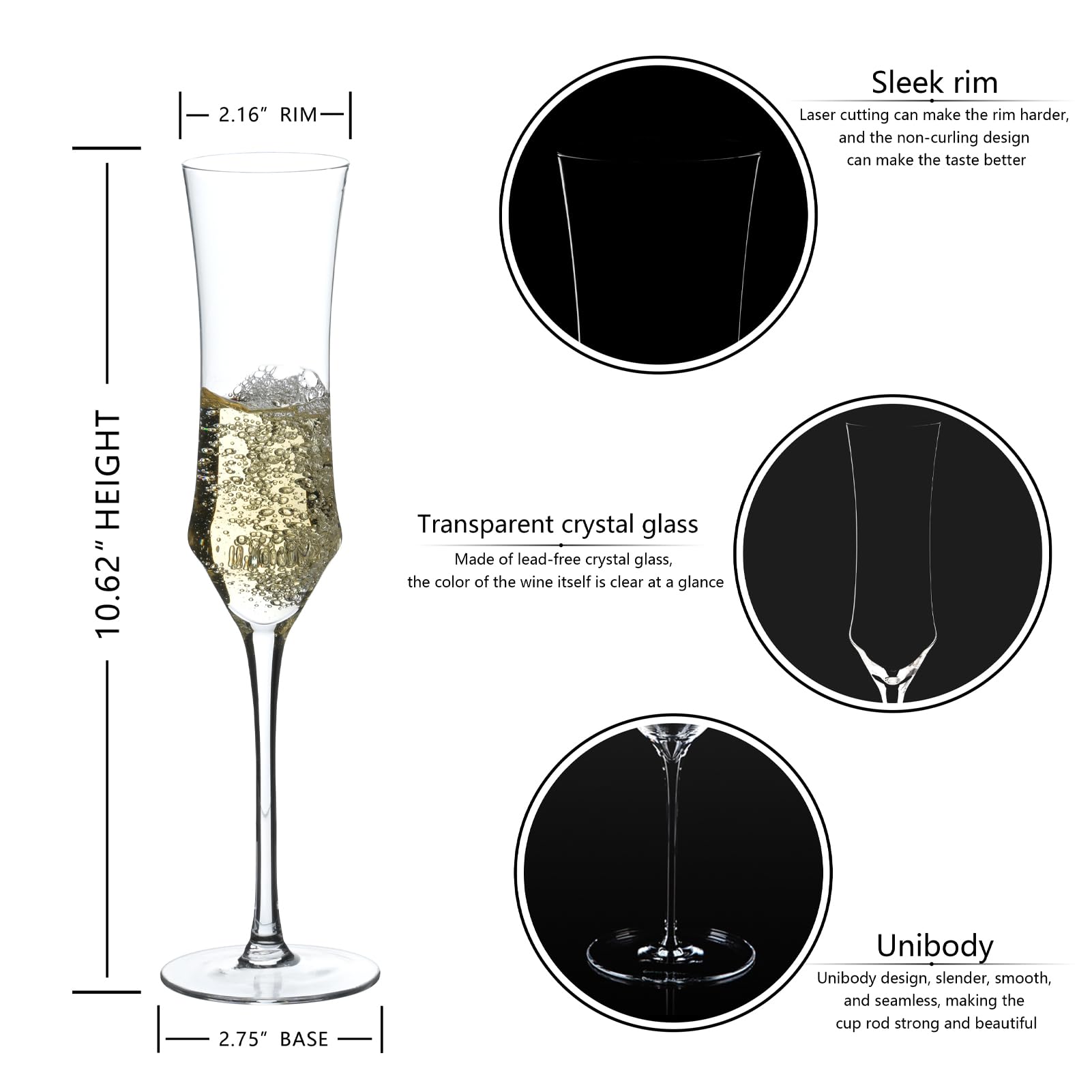 BACLIFE side profile of flutes lined up showing clear crystal and slim silhouette