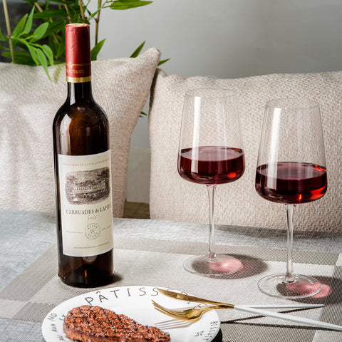 BACLIFE glass beside wine bottle showing 19 oz capacity and size scale