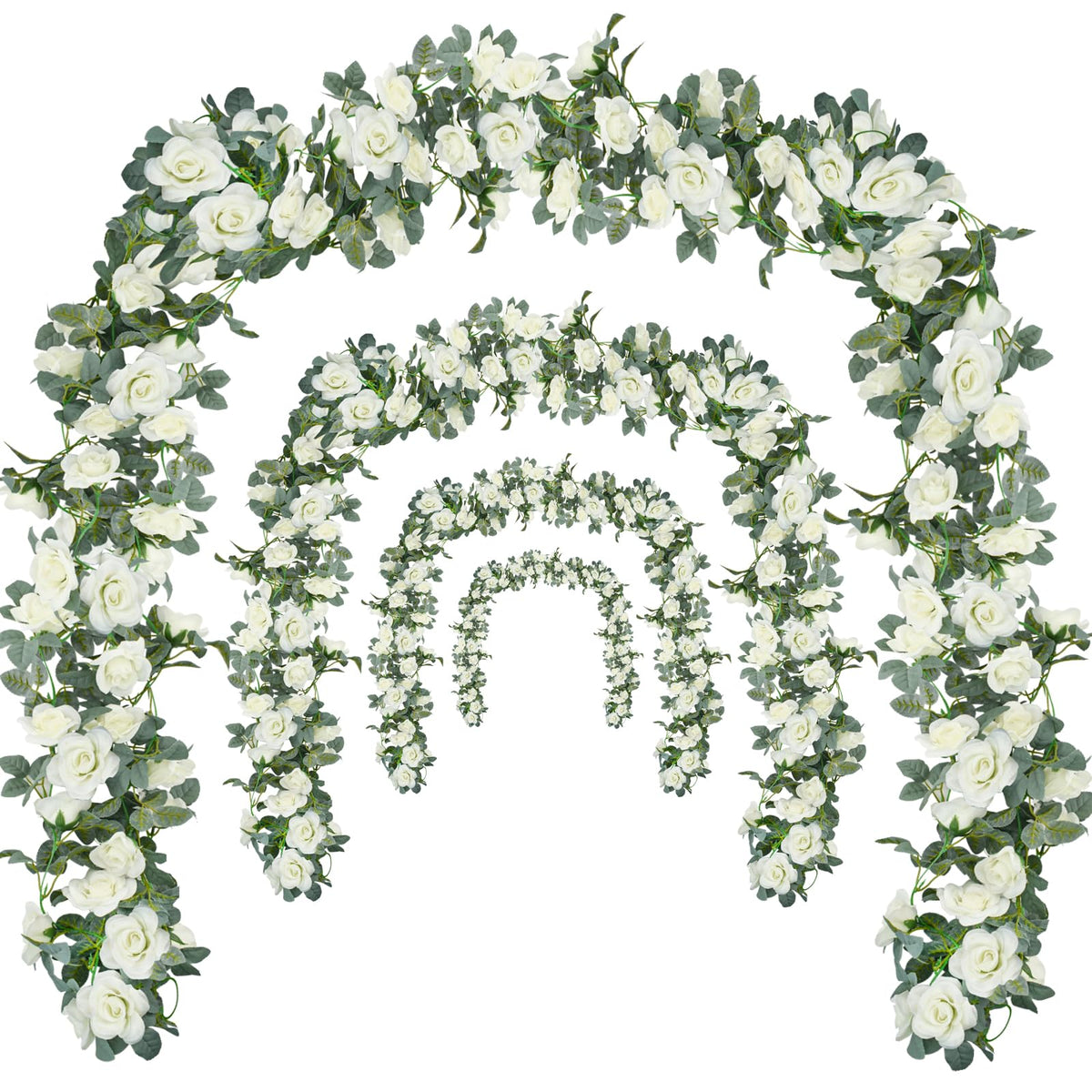 Bacucine front view of full white rose garland showing elegant coverage