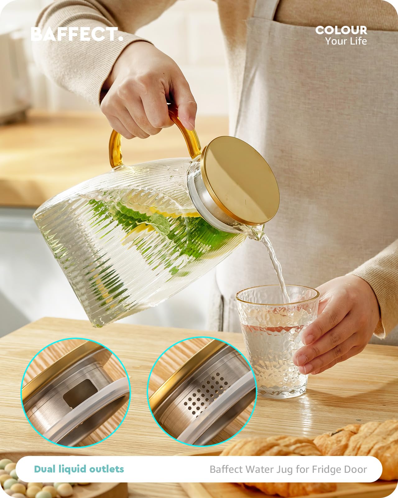 Baffect dual-outlet stainless steel lid showing strainer and pour spout benefit