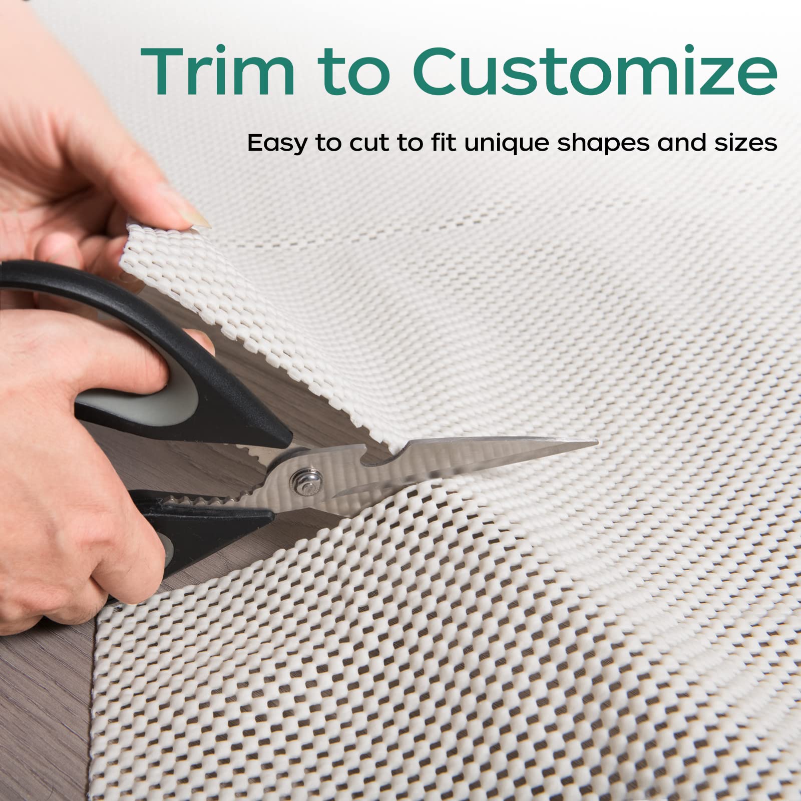 BAGAIL BASICS being trimmed with scissors to fit a custom rug shape effortlessly