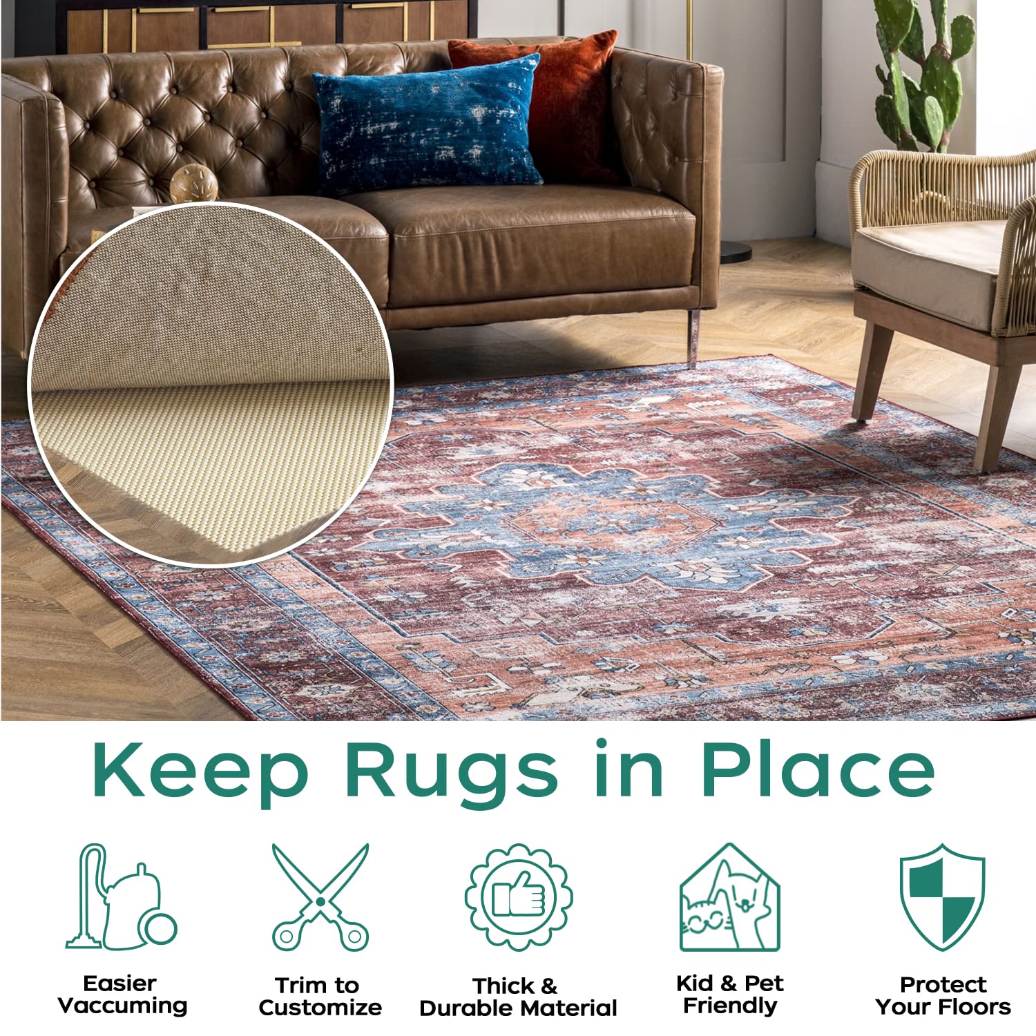 BAGAIL BASICS pad installed under rug demonstrating non-slip grip on hardwood