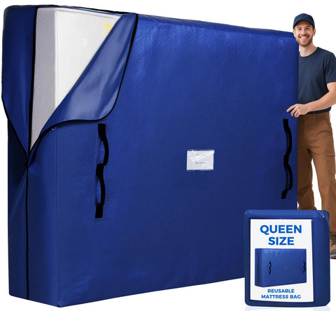 BAGAIL front view of navy queen mattress bag showing full coverage and protection