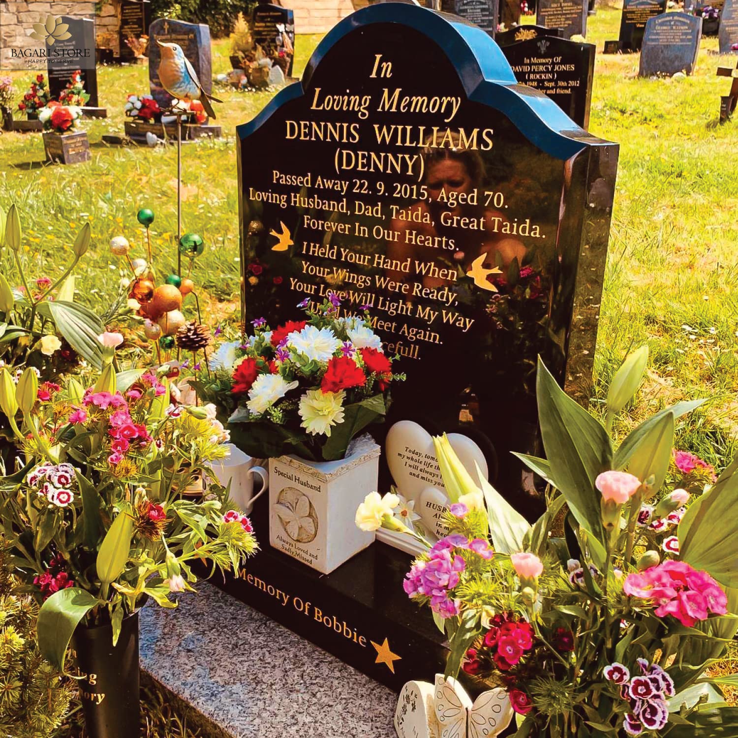 Bagari Store flowers decorating a grave providing weather-resistant remembrance