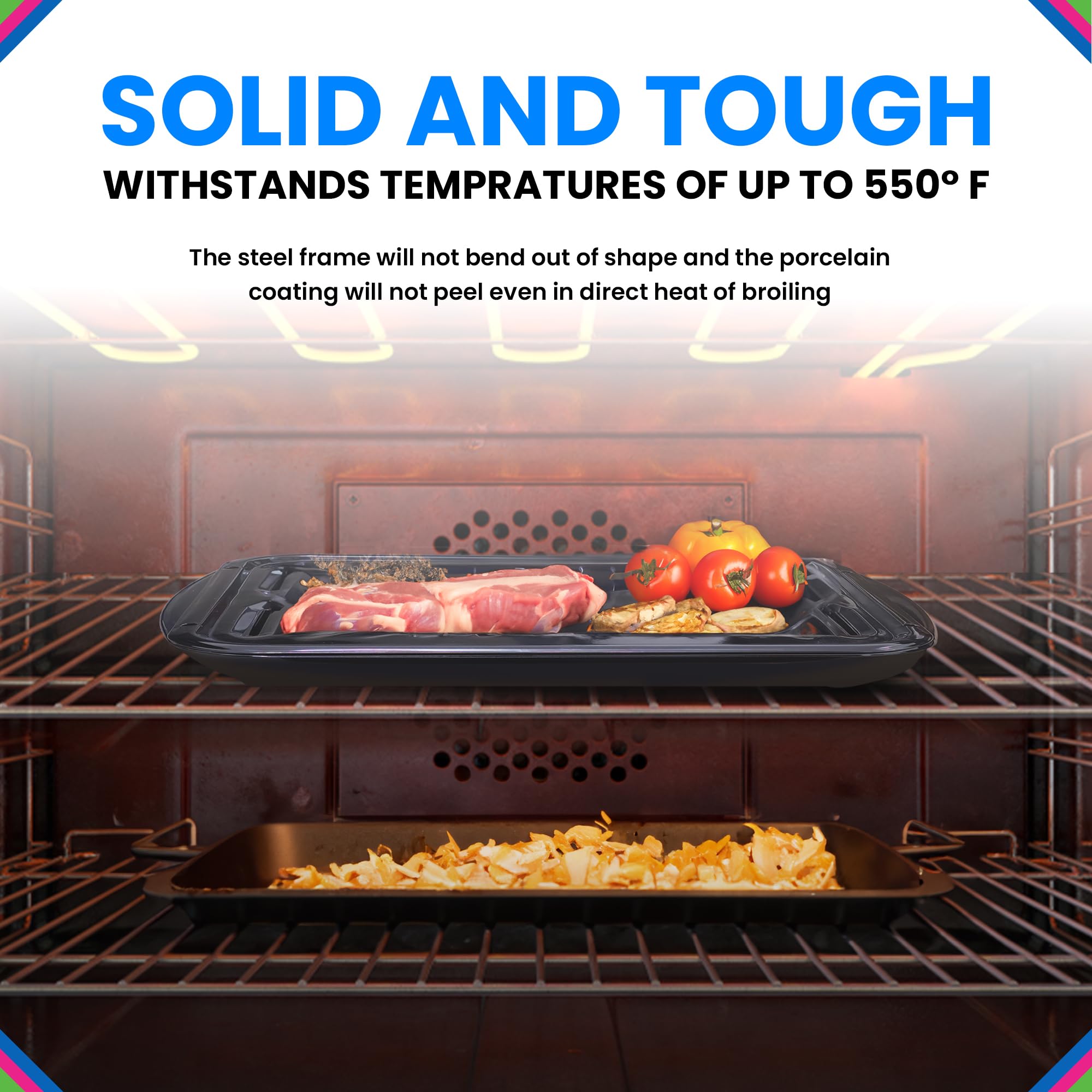 Bagean broiler tray slots detail showing drainage channels for less greasy cooking