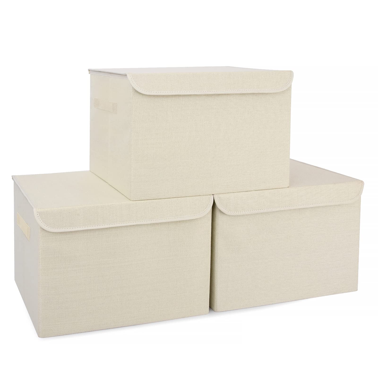 Bagnizer front view of three beige collapsible storage bins showing organized stack benefit