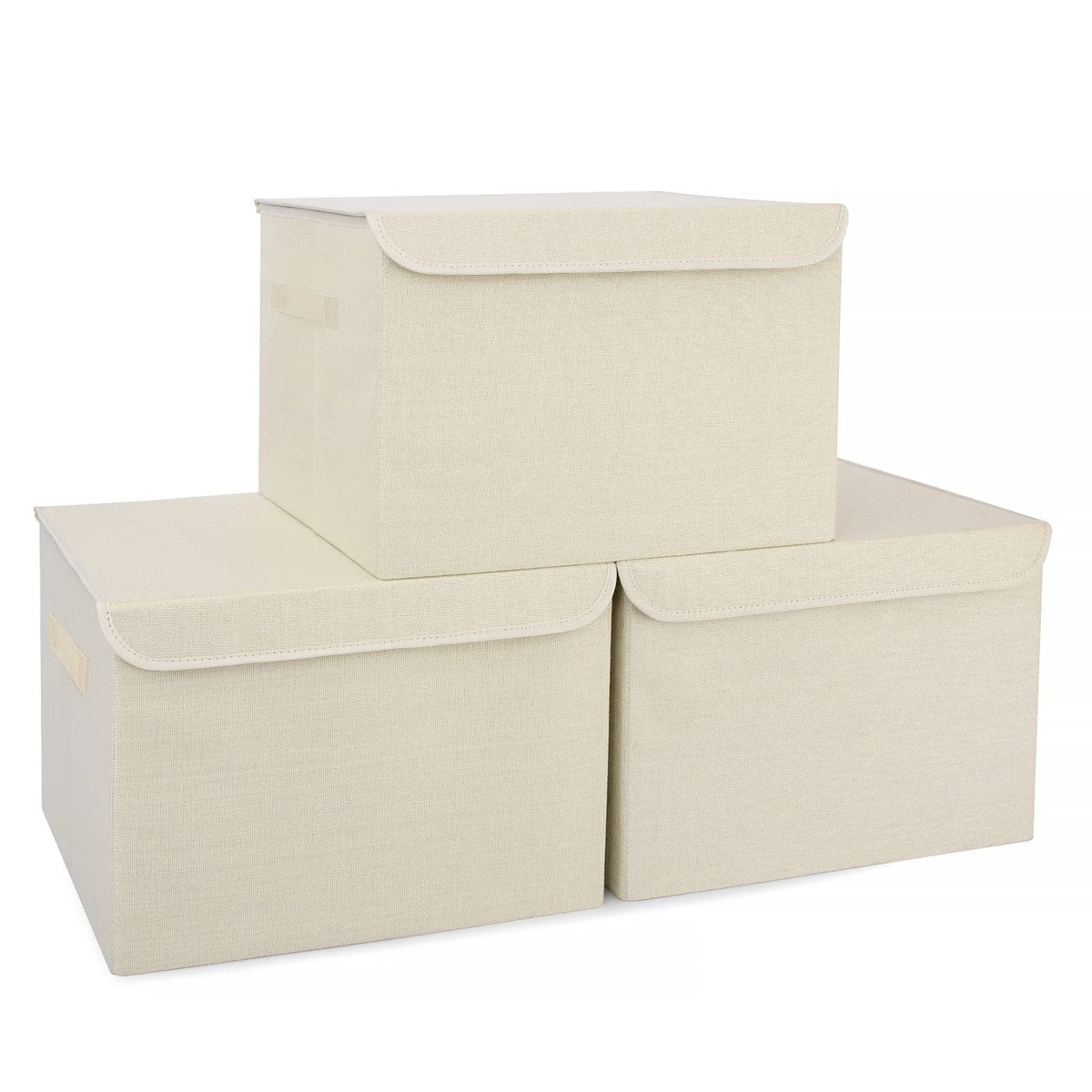 Bagnizer front view of three beige collapsible storage bins showing organized stack benefit