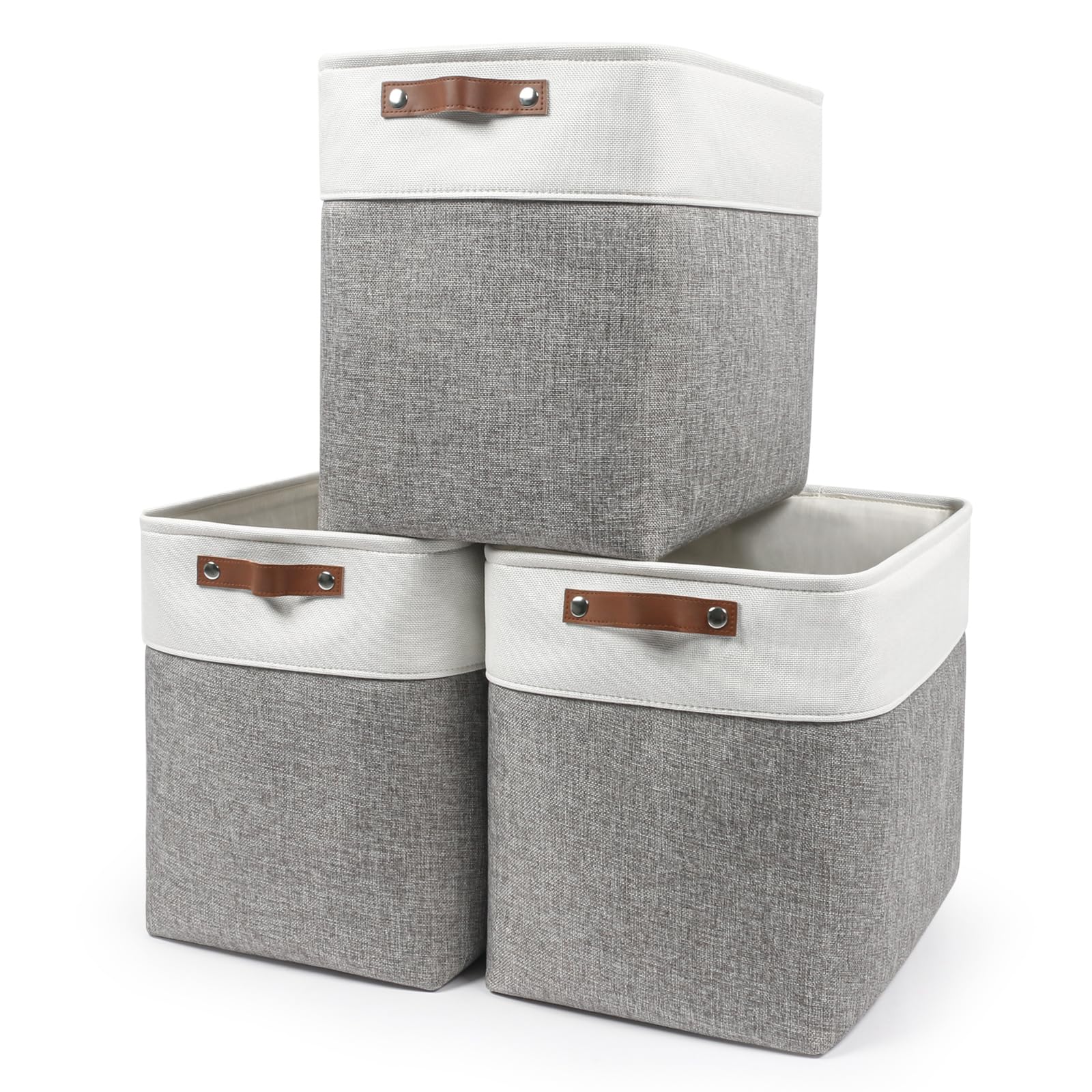Bagnizer front view of three baskets showing tidy storage and neutral design benefit