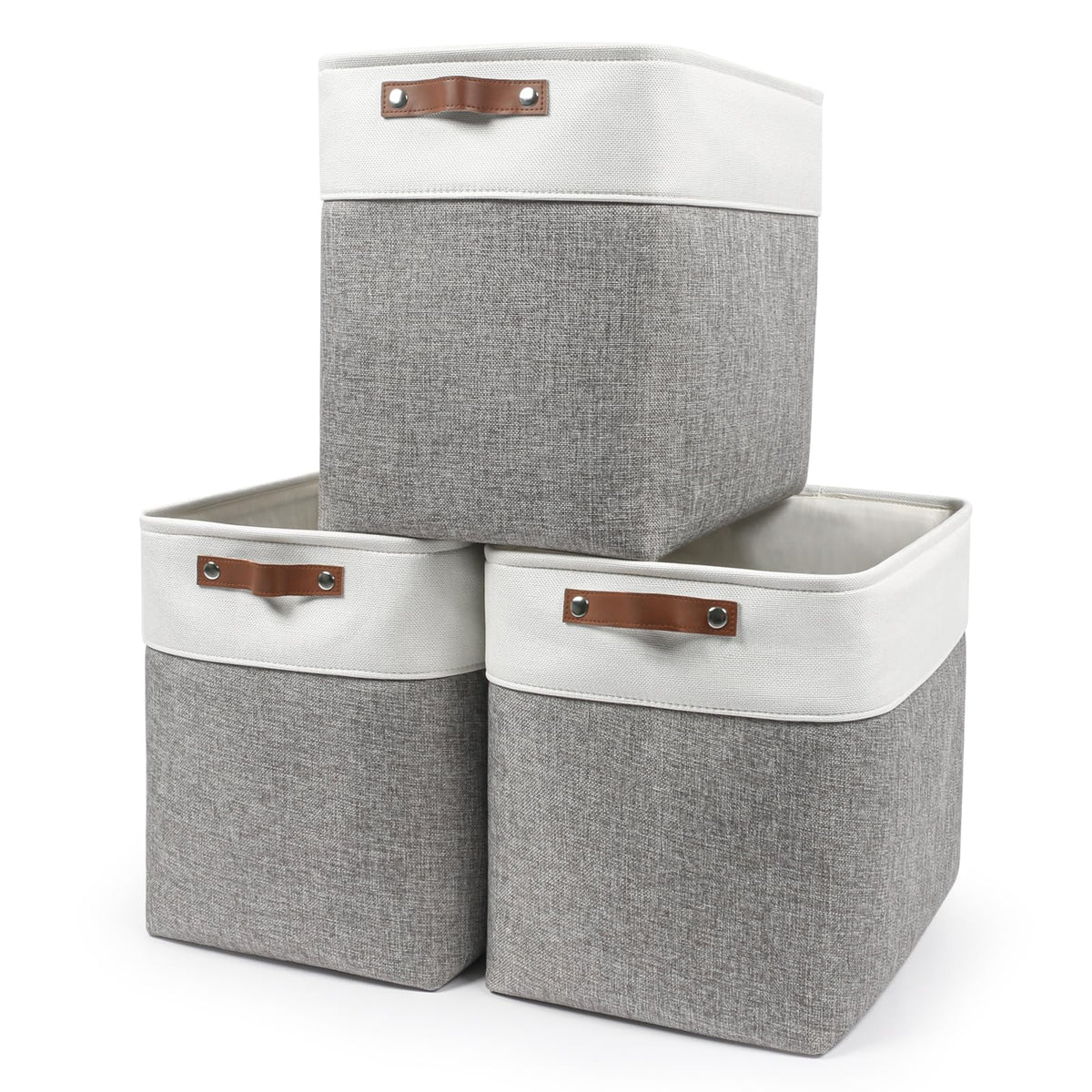 Bagnizer front view of three baskets showing tidy storage and neutral design benefit
