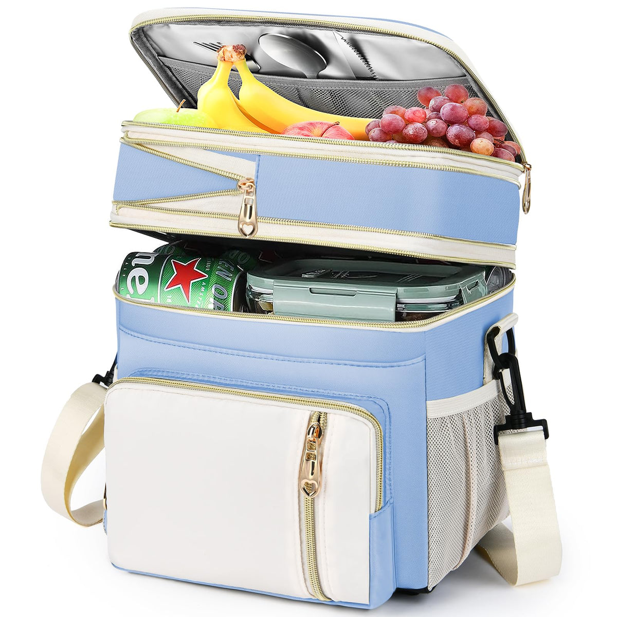 BAGNN front view of sky blue lunch bag showing roomy capacity and neat shape