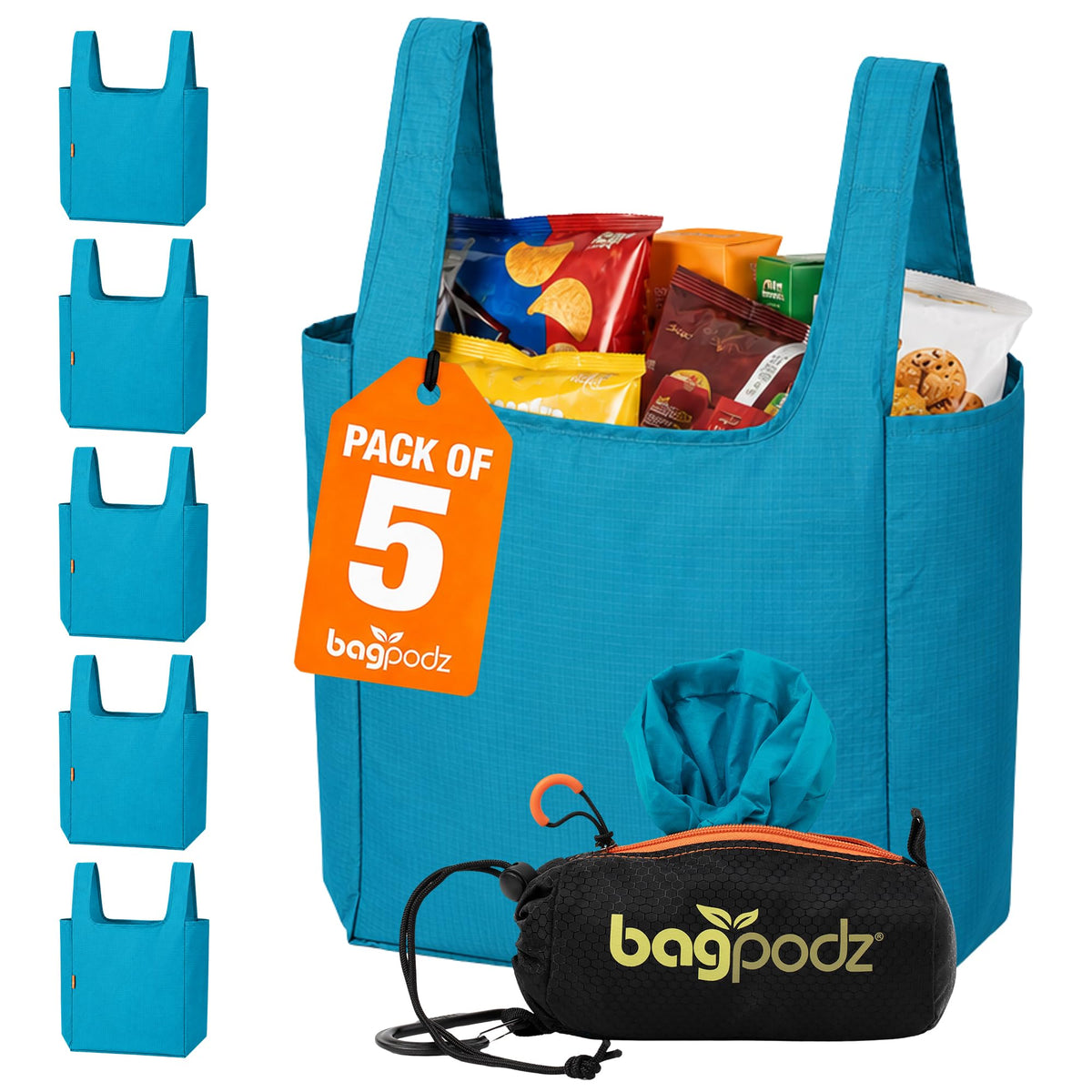 BagPodz front packaging showing 5-pack pod and compact design benefit