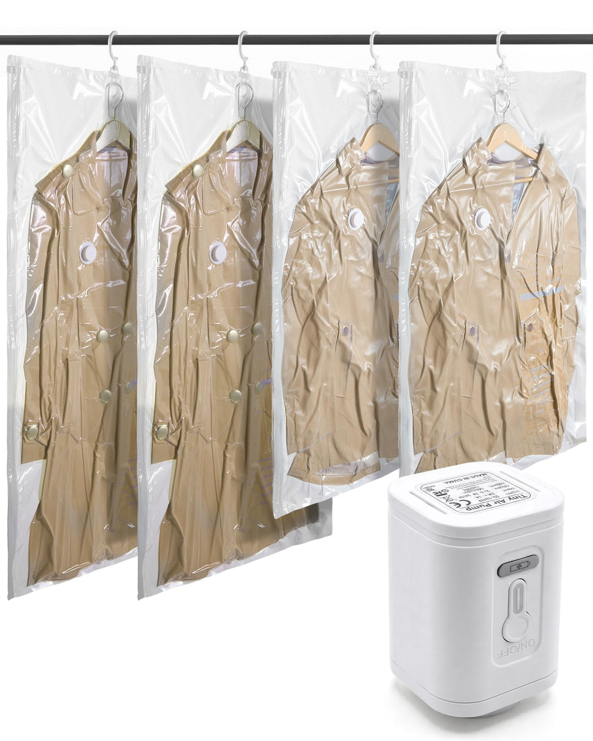BAGSMART front view of hanging vacuum bag pack showing clear packaging and labels, organized storage benefit