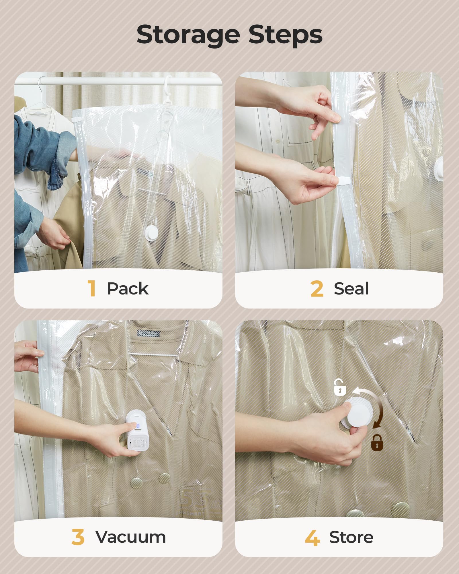 BAGSMART lifestyle shot of organized bedroom closet using hanging vacuum bags, tidy wardrobe benefit