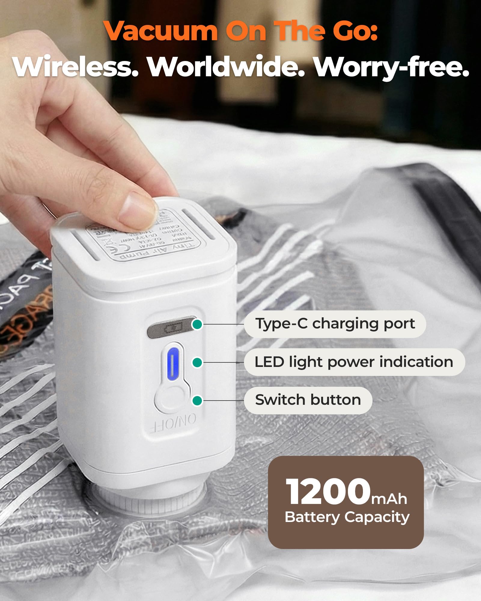 BAGSMART wireless pump close-up highlighting fast rechargeable operation
