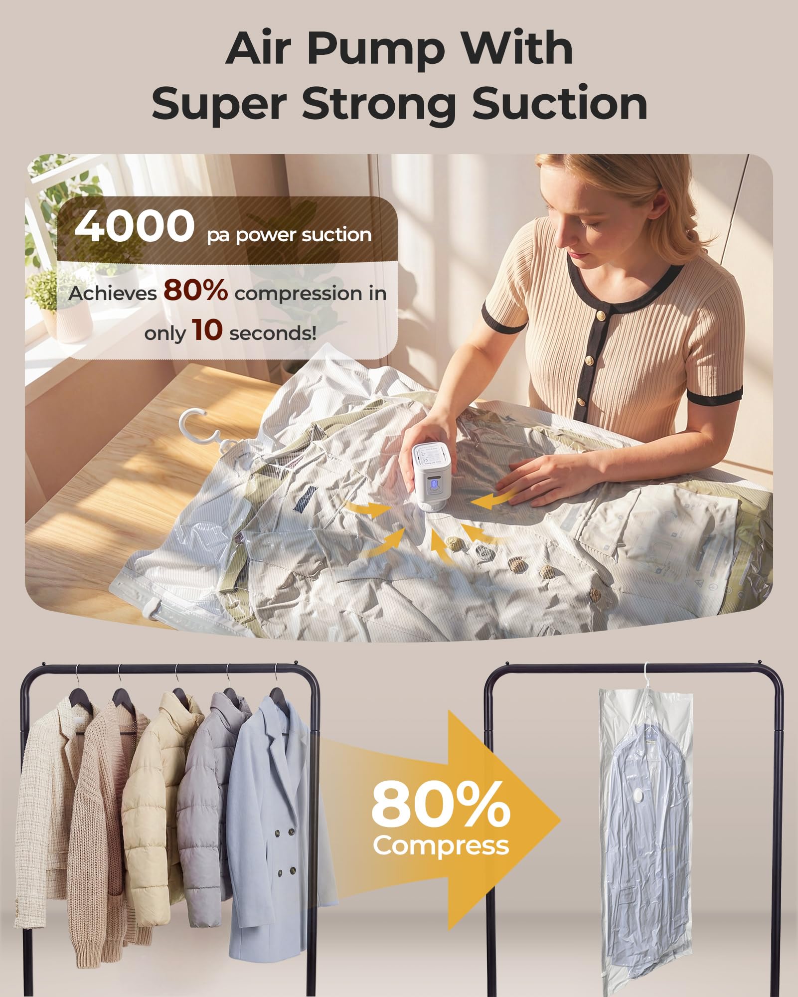 BAGSMART bag beside coat to show compressed size vs uncompressed coat, visual space saving
