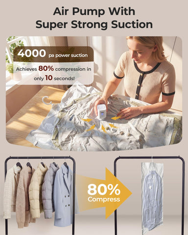 BAGSMART bag beside coat to show compressed size vs uncompressed coat, visual space saving