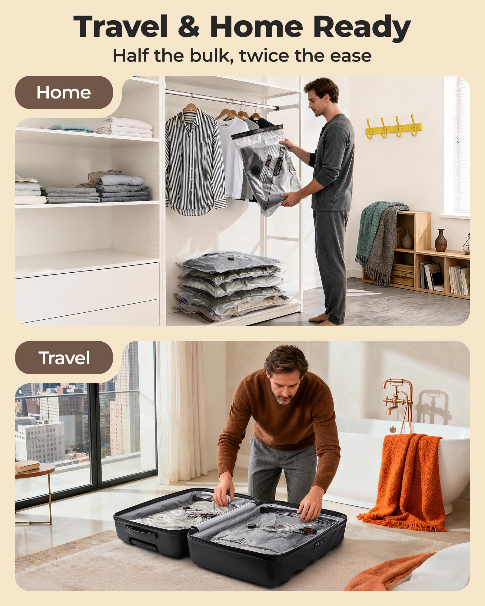 BAGSMART size comparison with hand to show bag scale and capacity