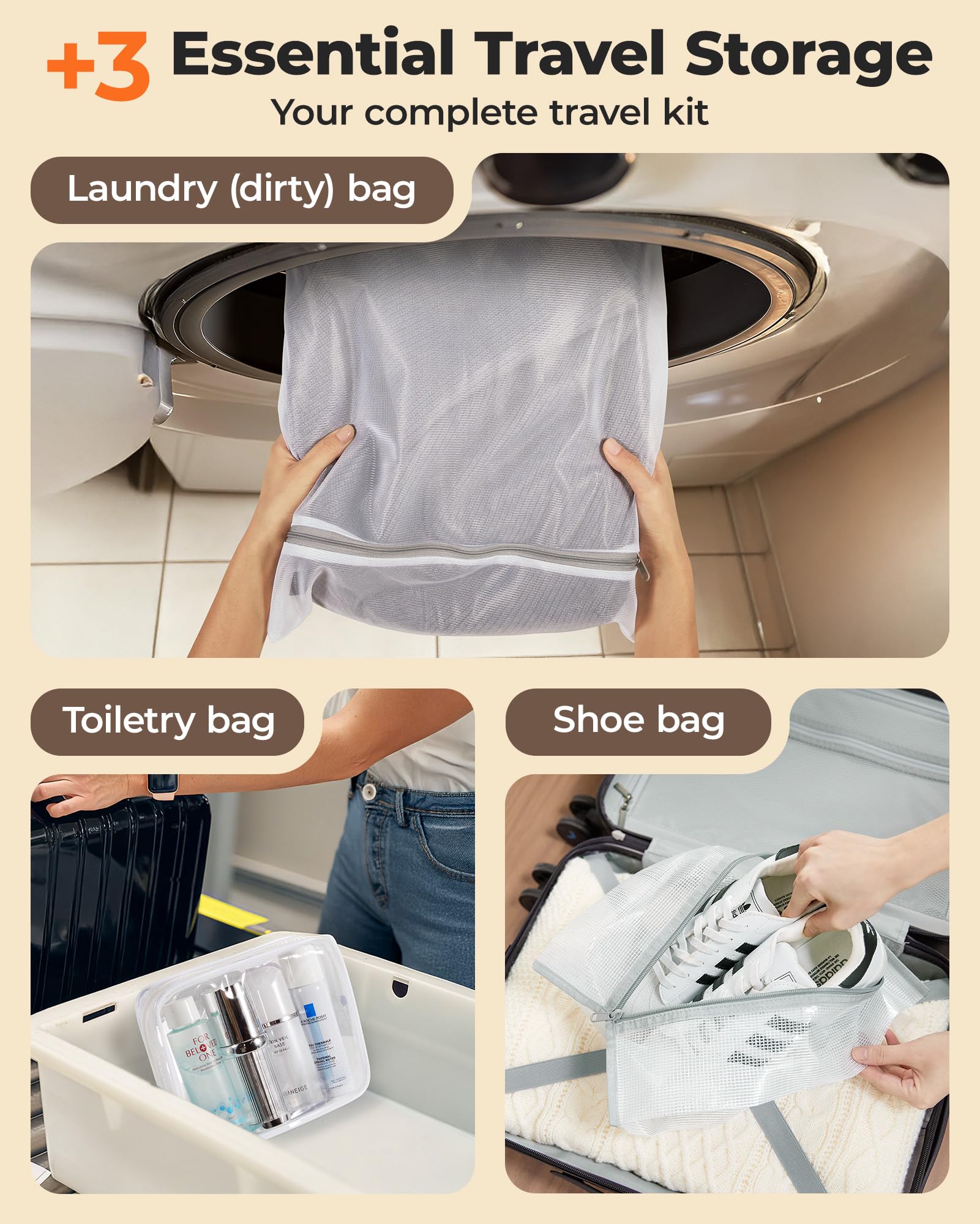 BAGSMART toiletry and shoe bags laid out for neat travel organization