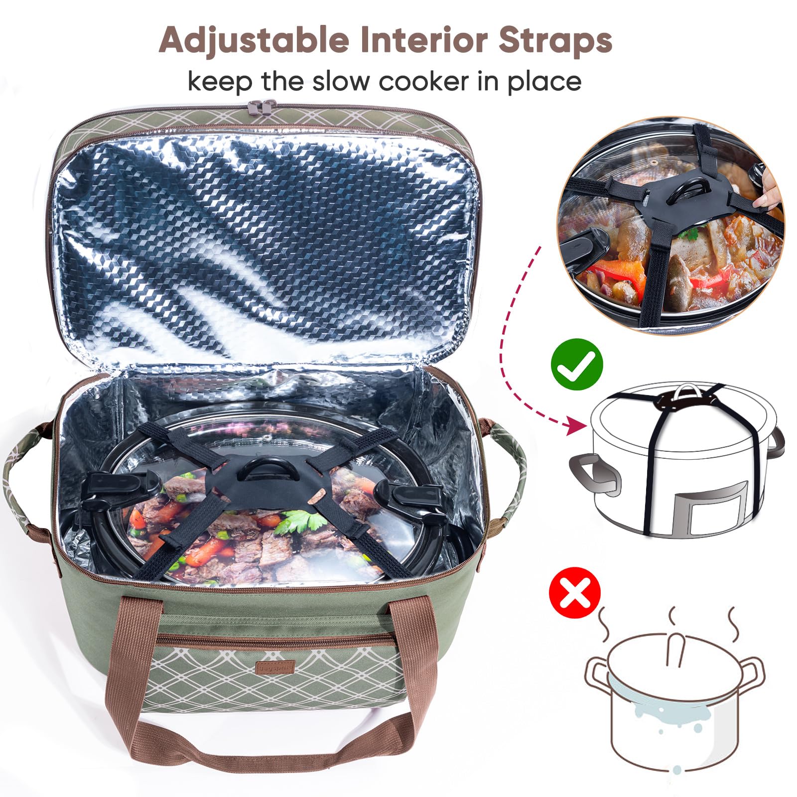 BAGSPRITE adjustable interior strap securing a crock pot to prevent shifting during travel