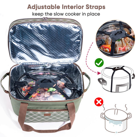 BAGSPRITE adjustable interior strap securing a crock pot to prevent shifting during travel