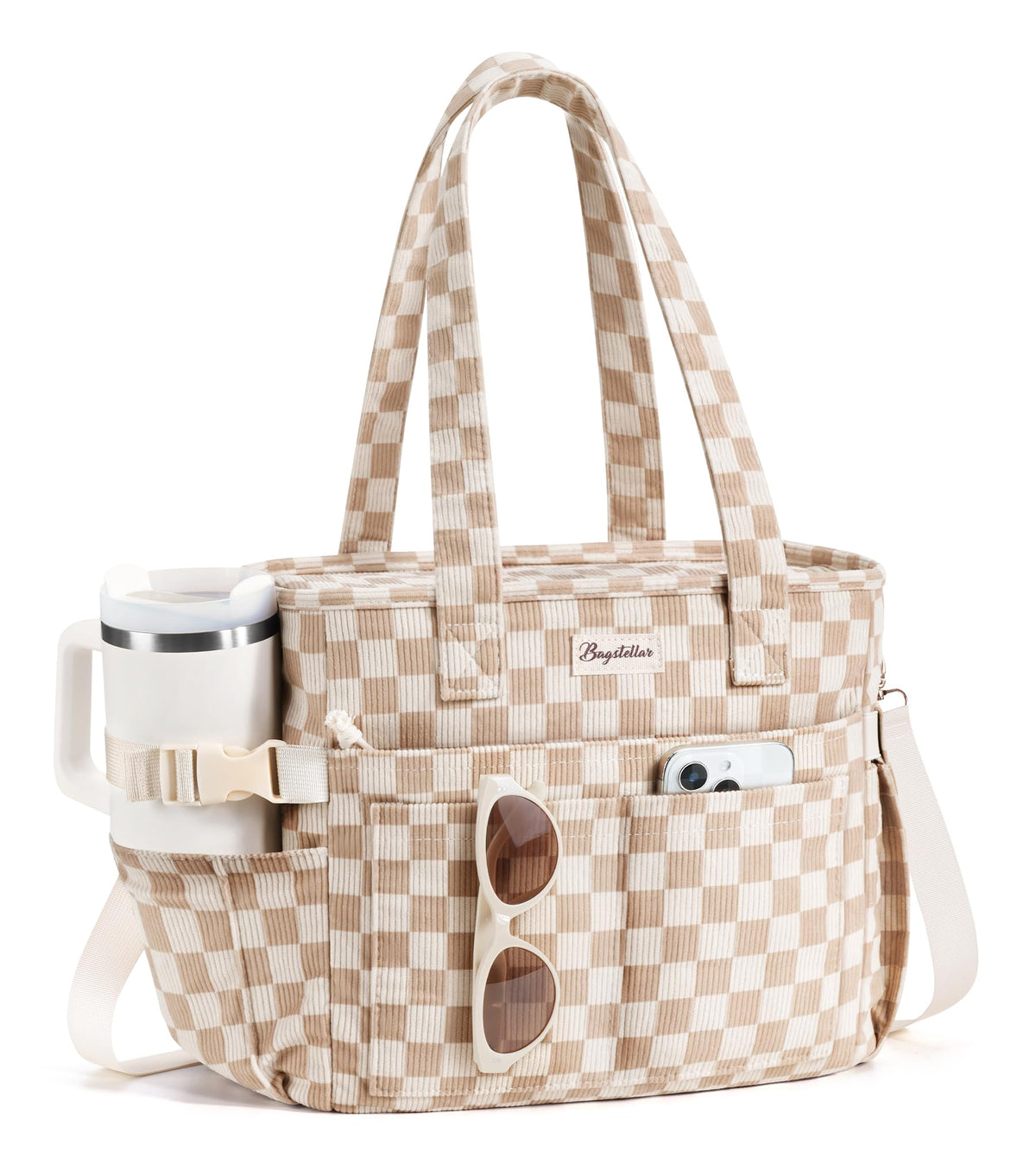Bagstellar front view corduroy lunch tote showing stylish exterior and pockets for everyday use