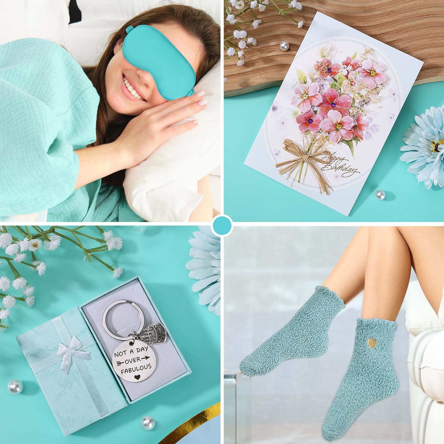 BaiCai fuzzy socks and sleep mask pair demonstrating nighttime comfort