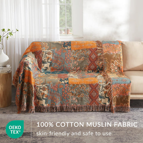 Bailix draped on a sofa adding boho farmhouse style and cozy warmth