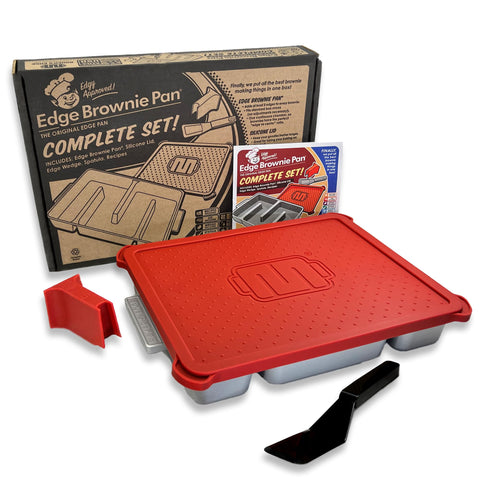 Baker's Edge front view of complete set showing pan lid and tools for easy storage