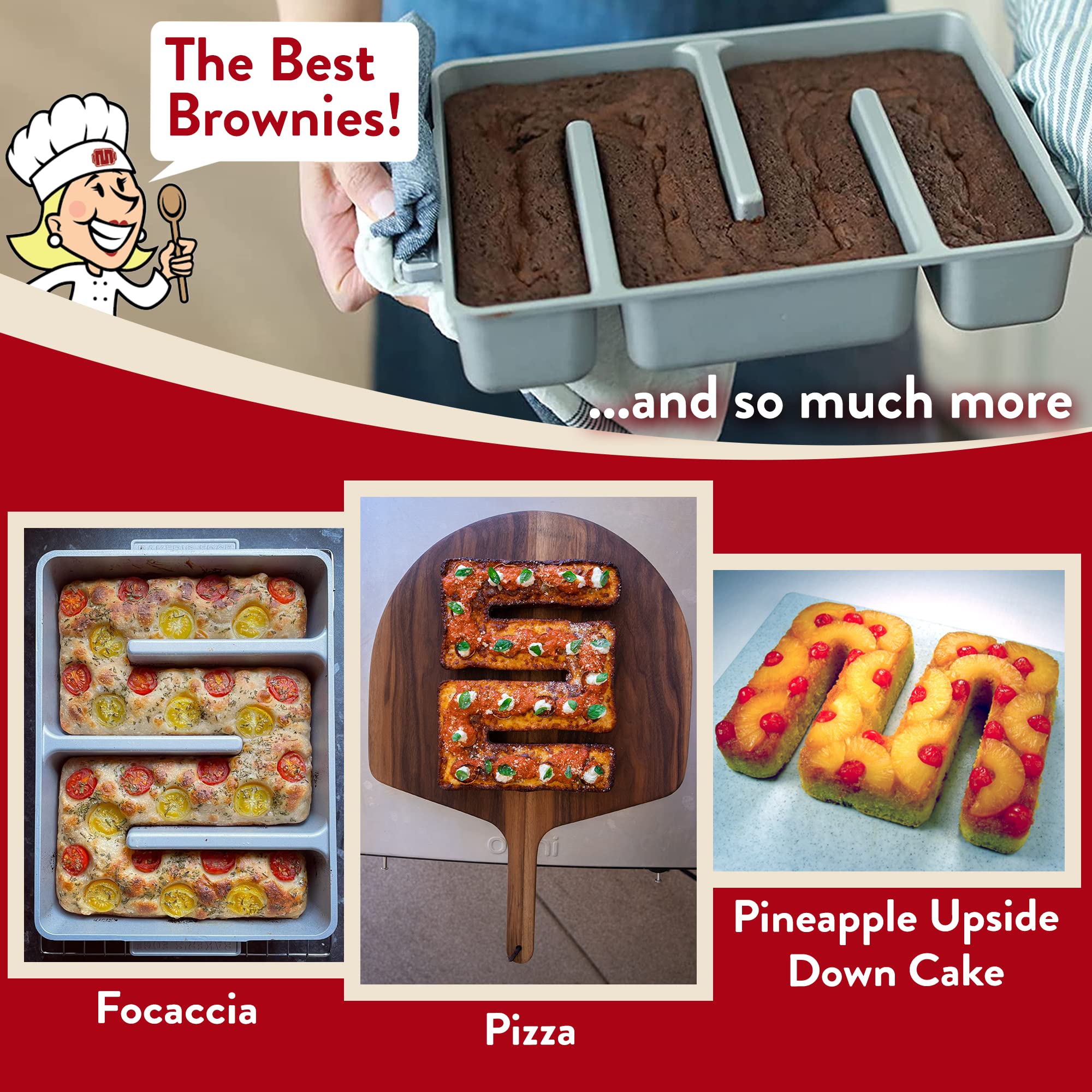 Baker's Edge styled kitchen scene with pan and plated brownies for gift-worthy presentation