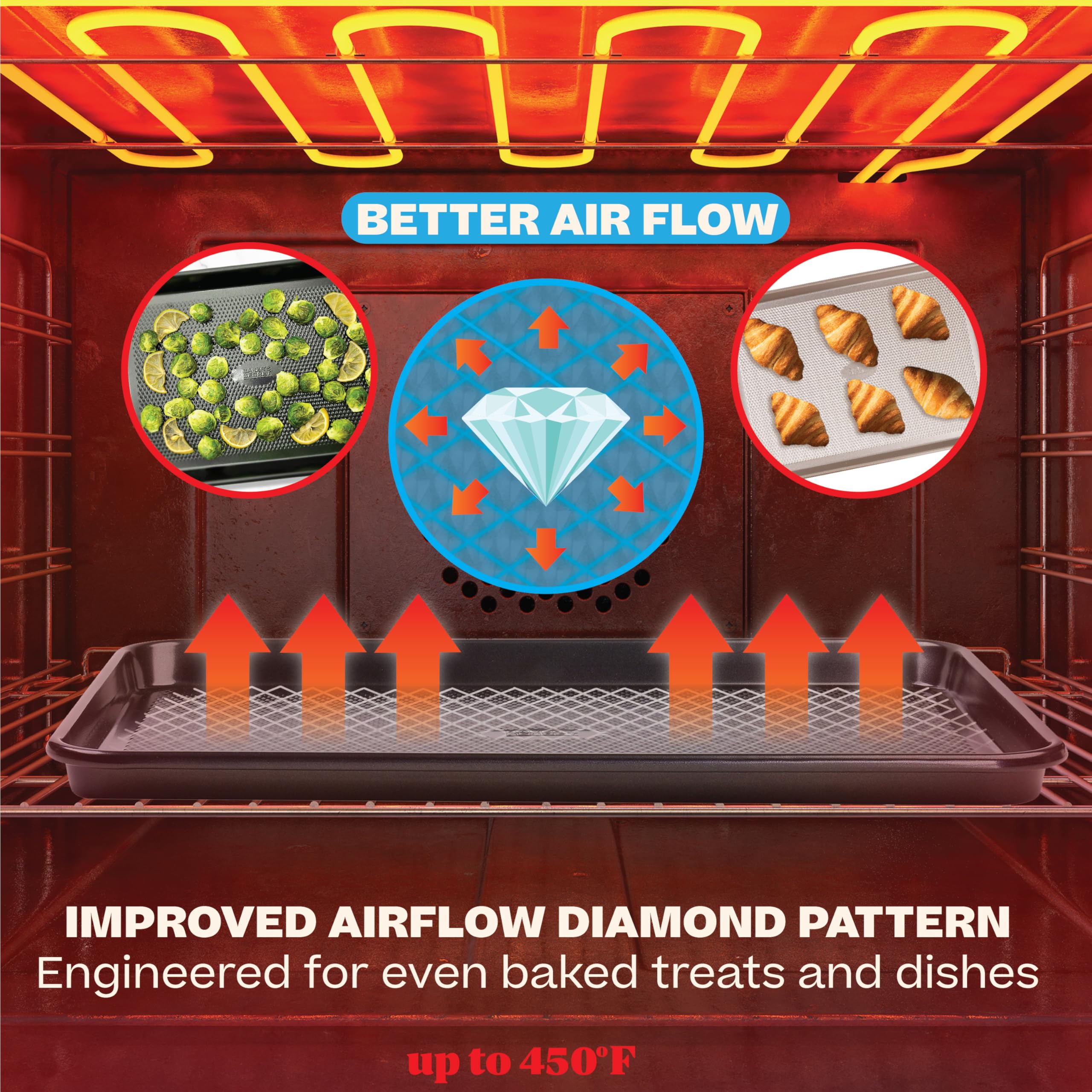 Baker's Secret sheet with cookies in oven showing even browning