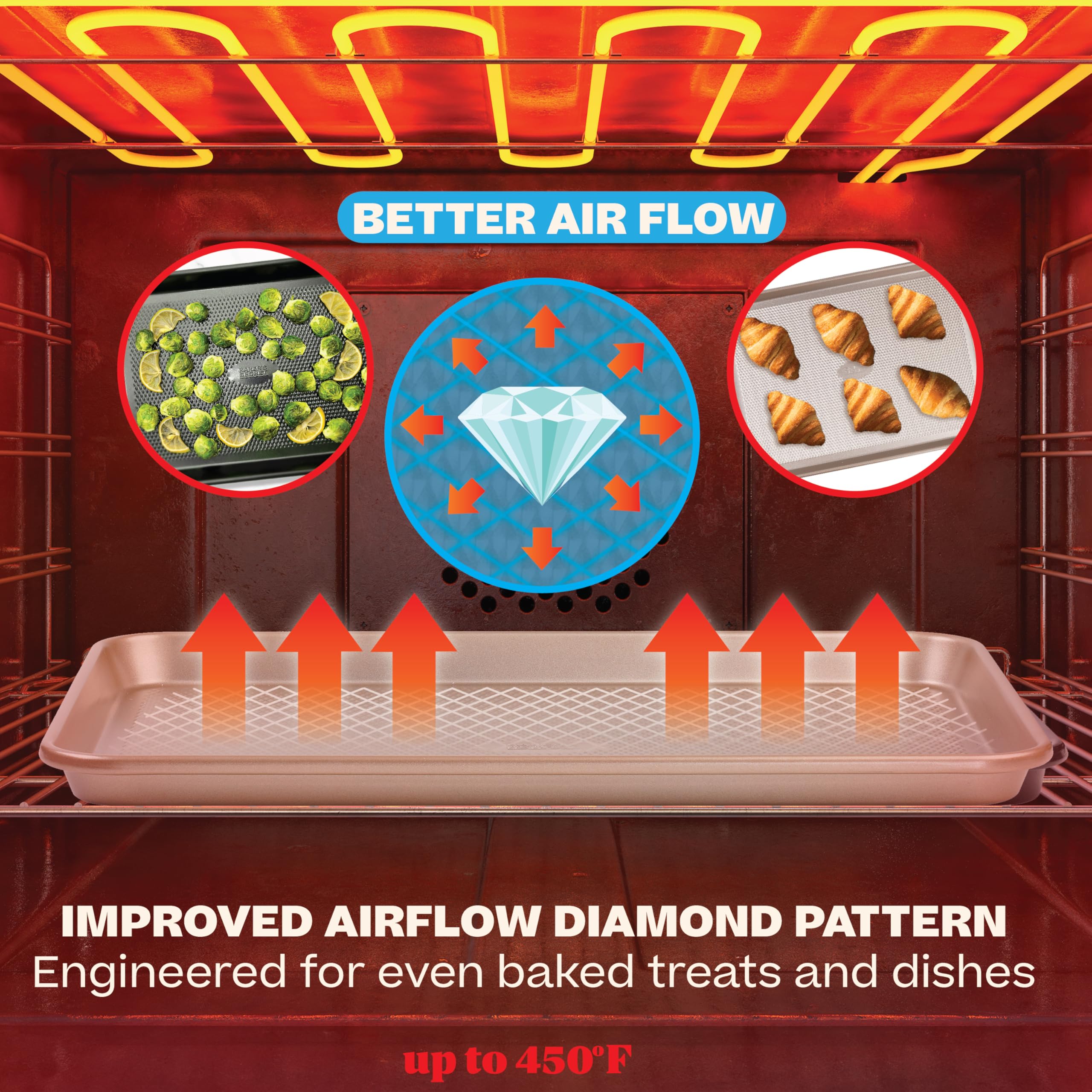 Baker's Secret sheet with cookies baking in oven showing even browning