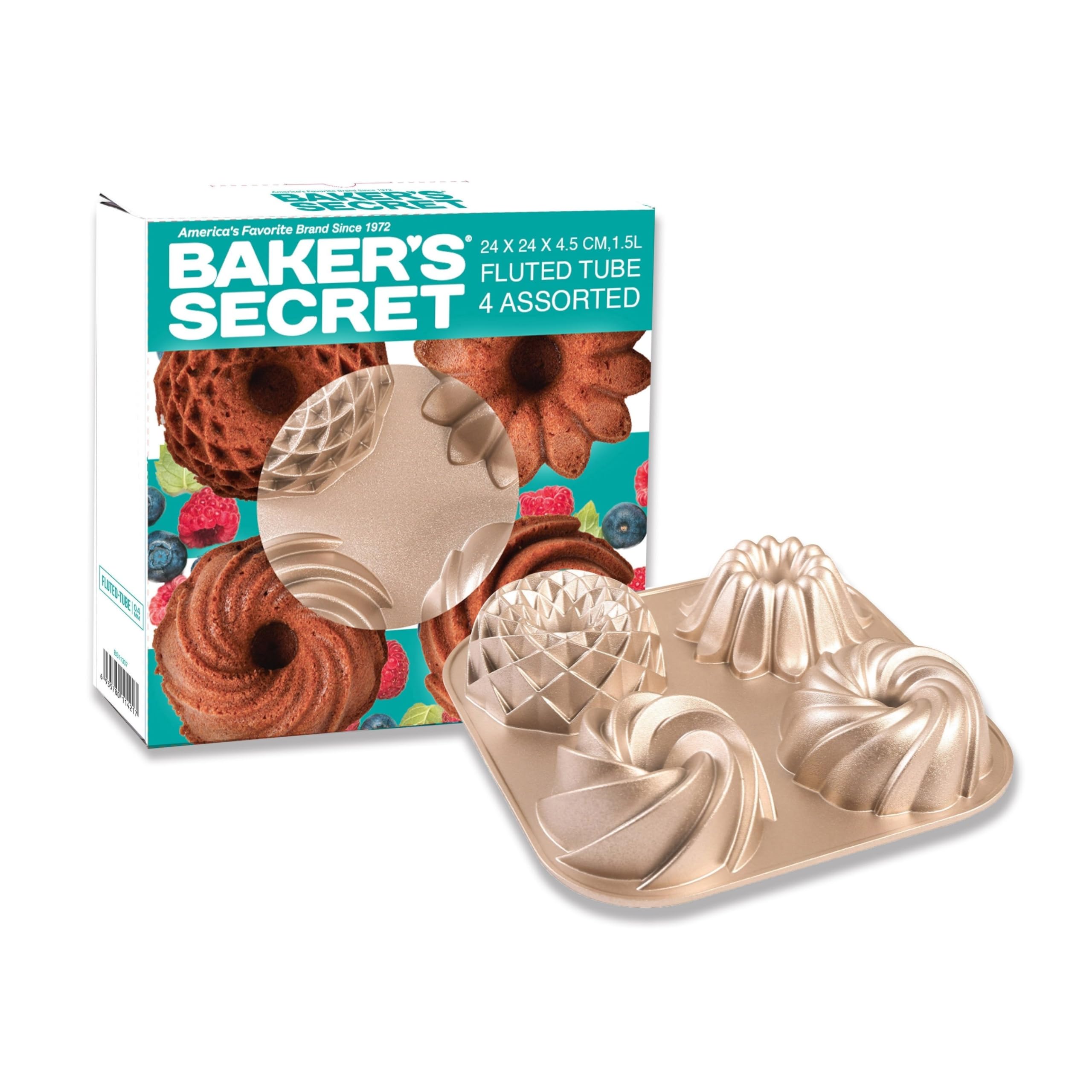 Baker's Secret pans in oven with evenly browned mini fluted cakes