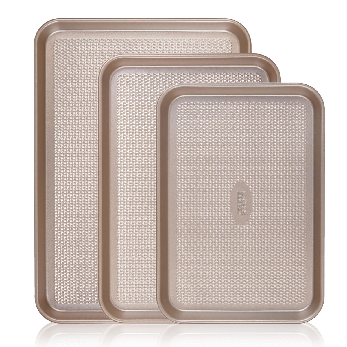 Baker's Secret front view of three baking sheets showing set and quality