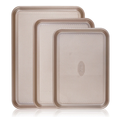 Baker's Secret front view of three baking sheets showing set and quality