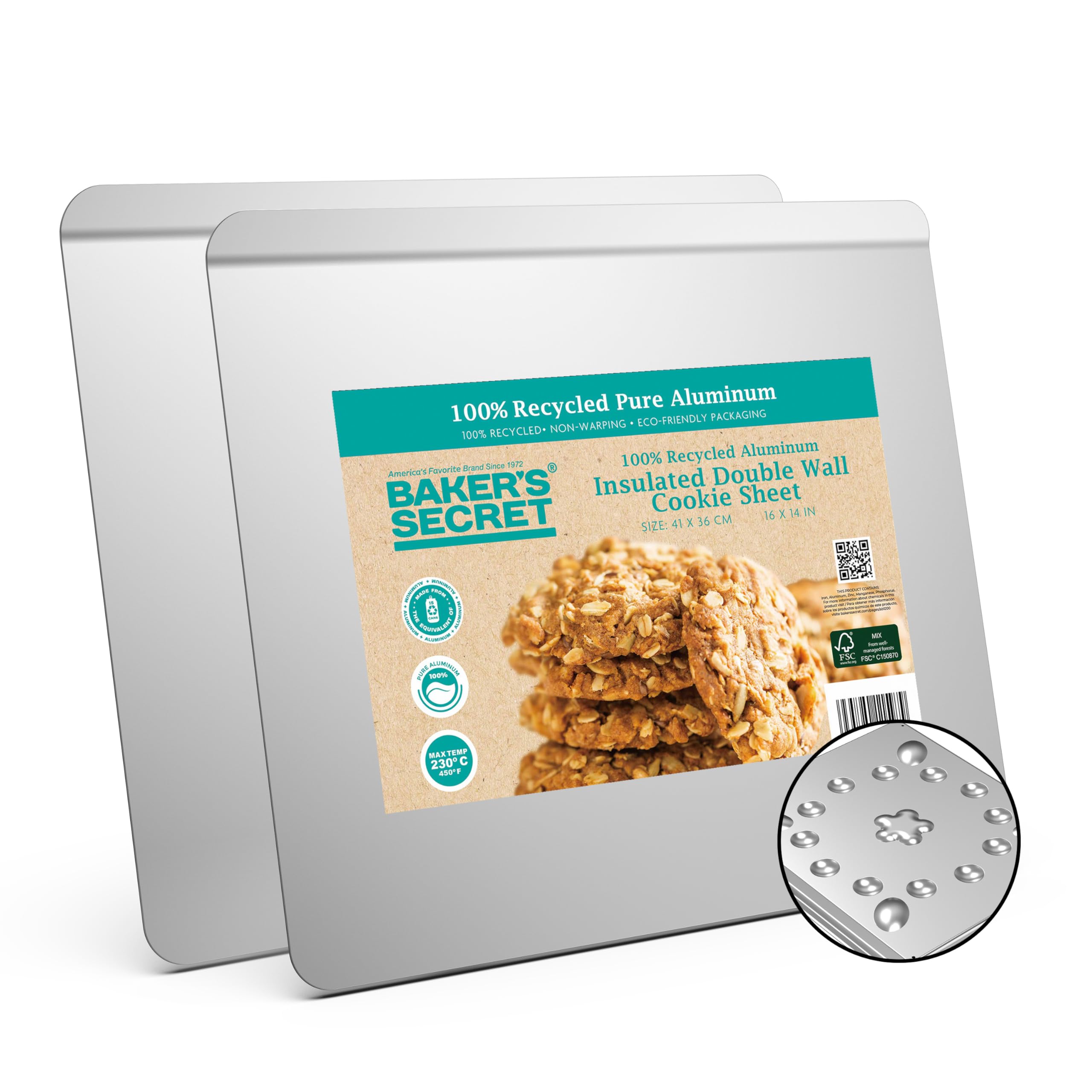 Baker's Secret front view of cookie sheets showing durable commercial finish and reliability