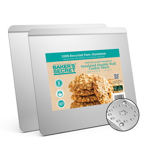 Baker's Secret front view of cookie sheets showing durable commercial finish and reliability