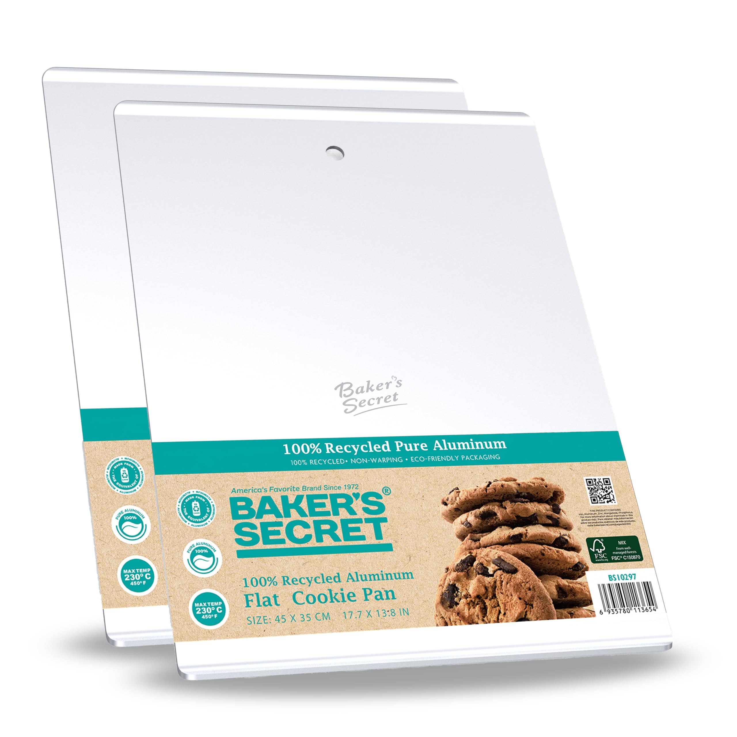 Baker's Secret front view of flat cookie sheet showing durable build and even baking benefit