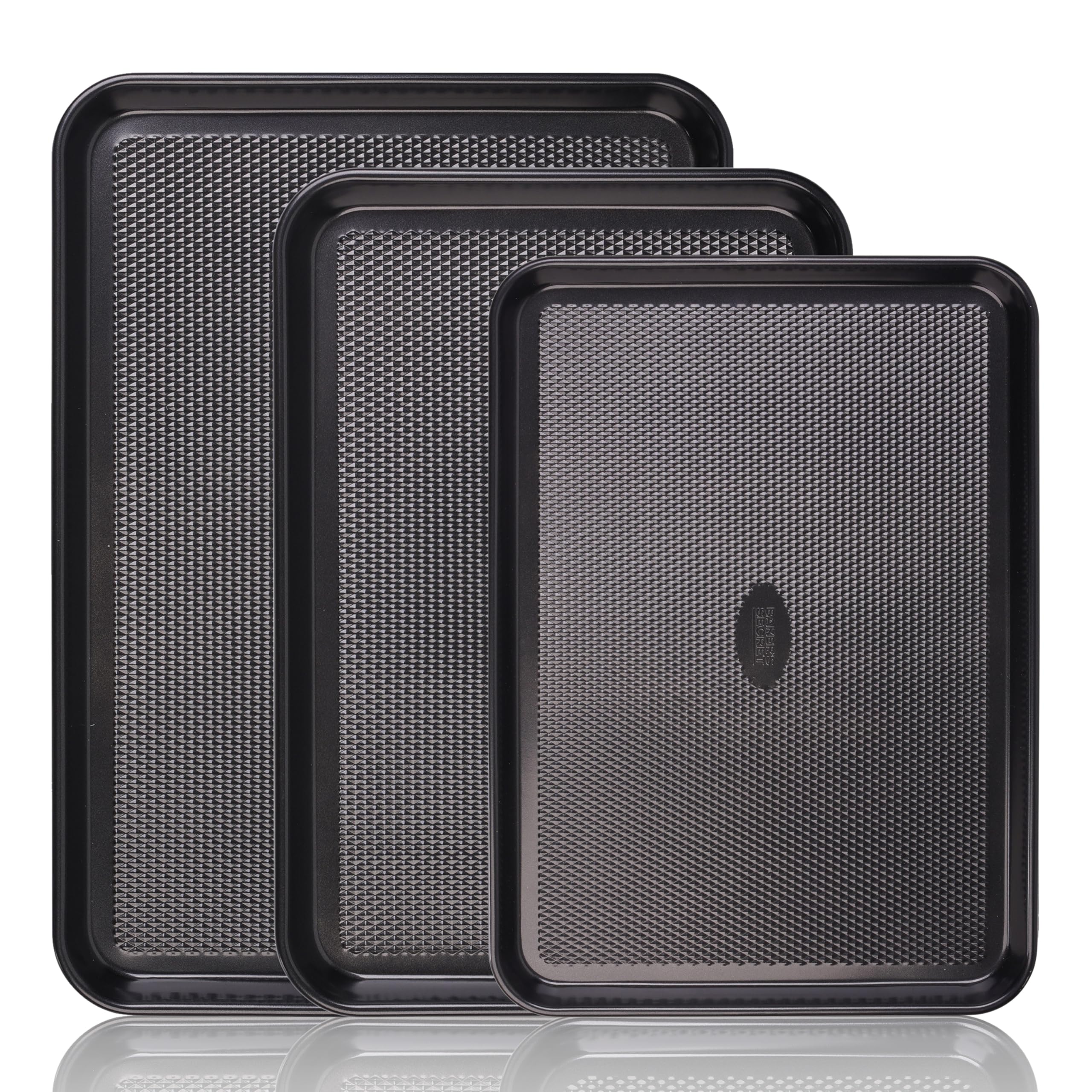 Baker's Secret front view of boxed 3-piece set showing size benefits