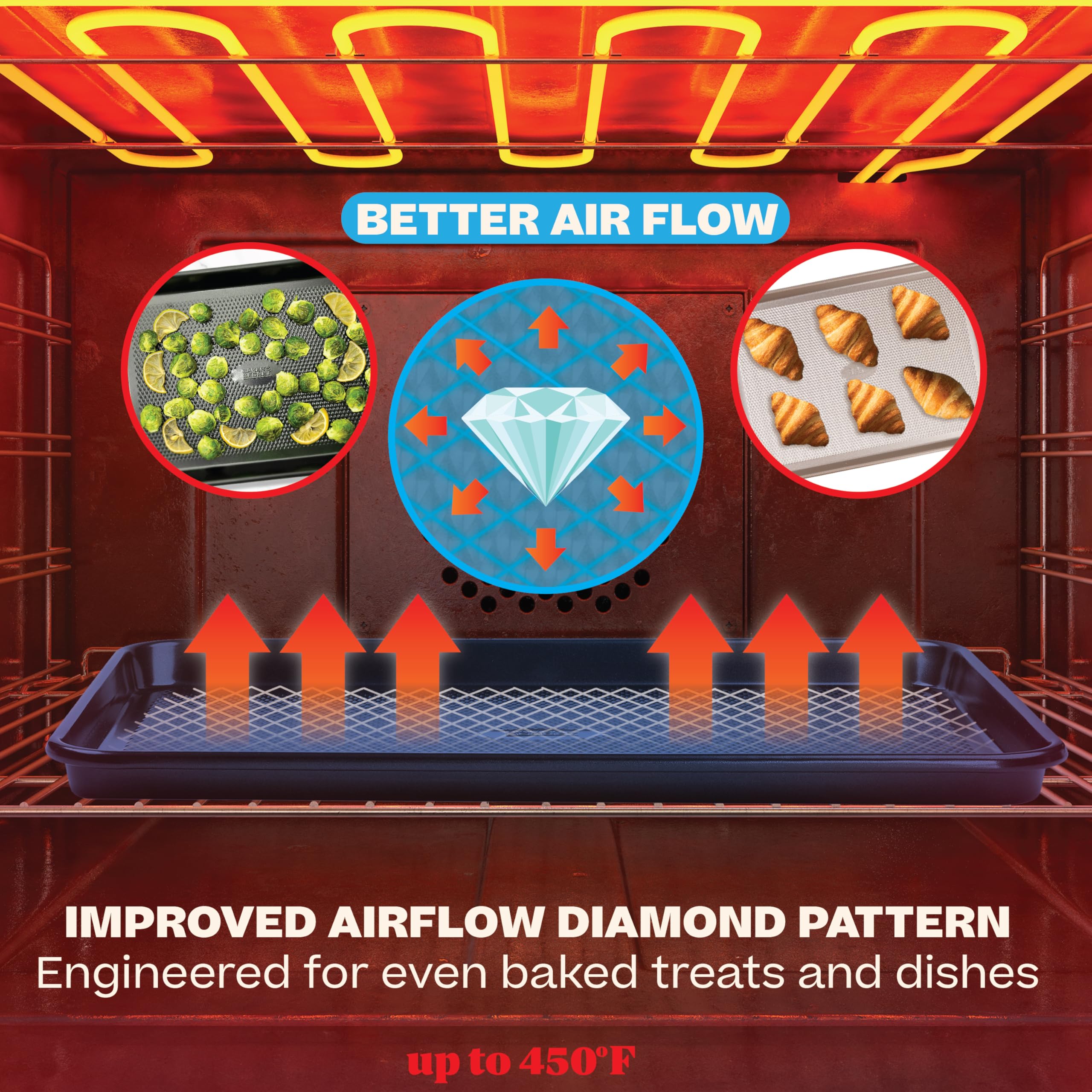 Baker's Secret cookie sheet in oven with cookies showcasing even bake results