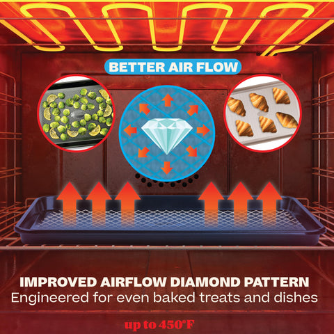 Baker's Secret cookie sheet in oven with cookies showcasing even bake results
