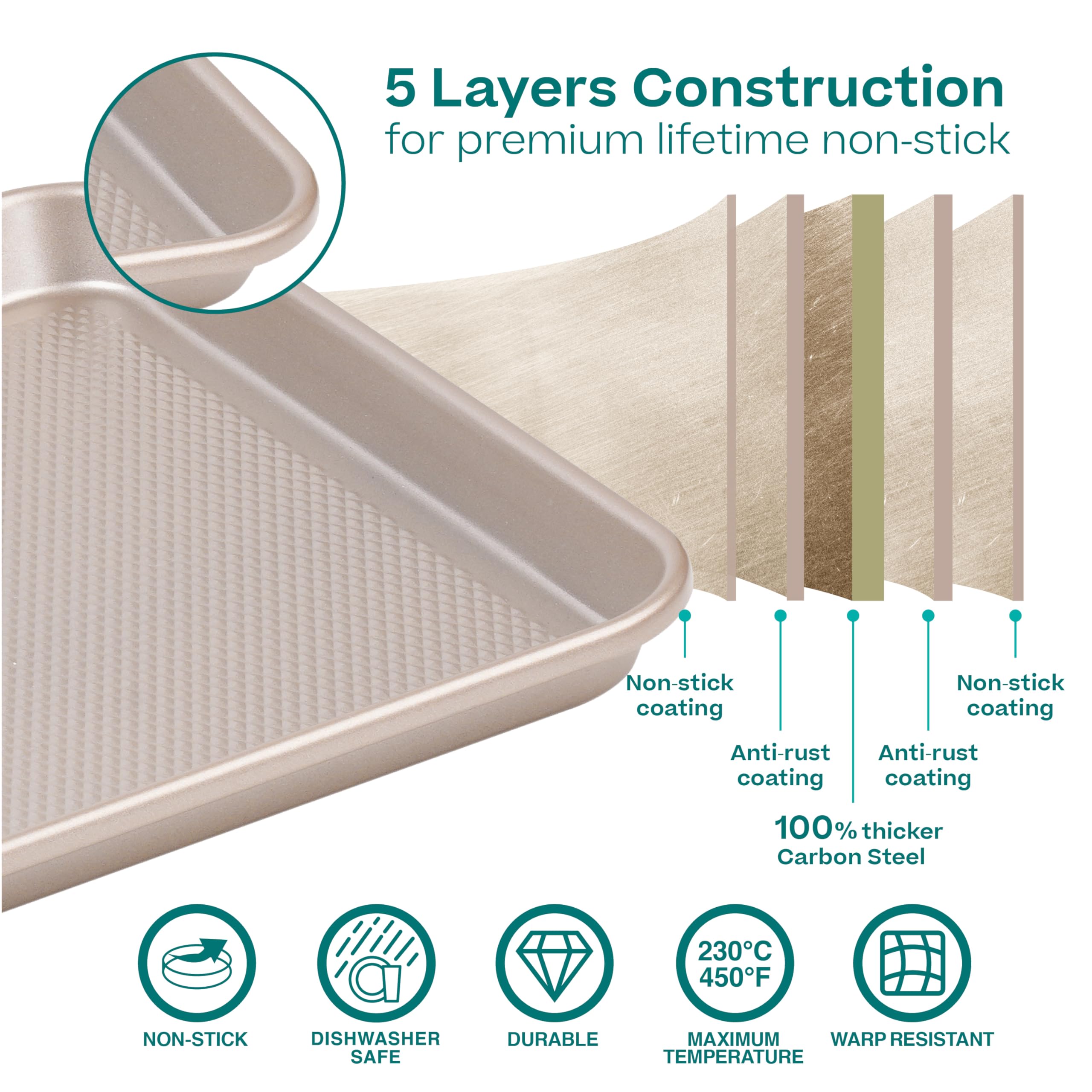 Baker's Secret three baking trays stacked displaying durable reinforced thickness