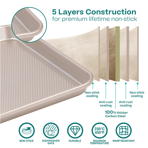 Baker's Secret three baking trays stacked displaying durable reinforced thickness