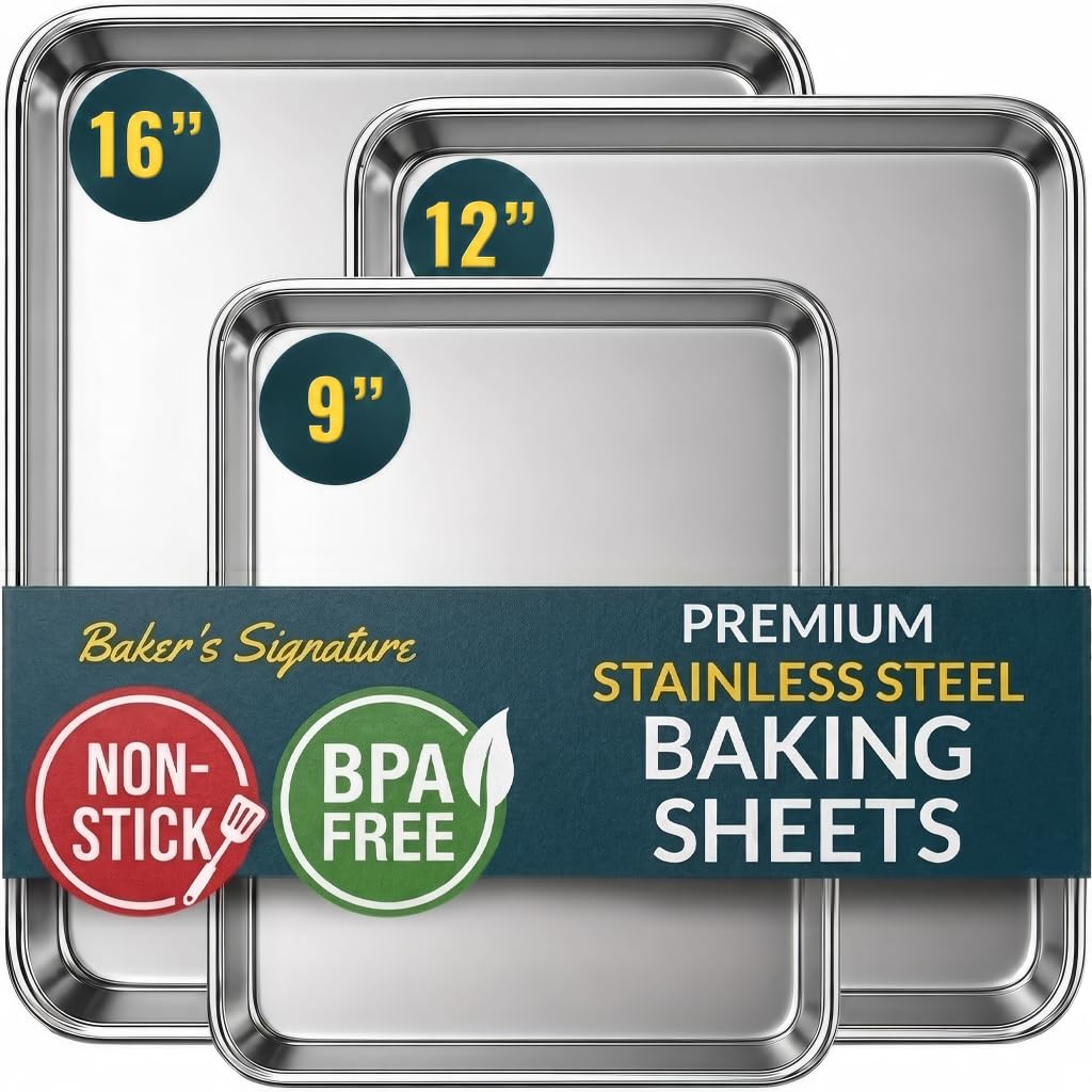 Baker's Signature front view of three stainless steel sheets showing versatility