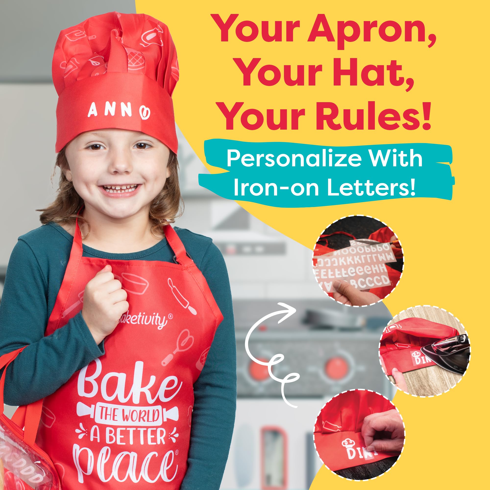Baketivity apron worn by a child at counter, promoting confidence while helping