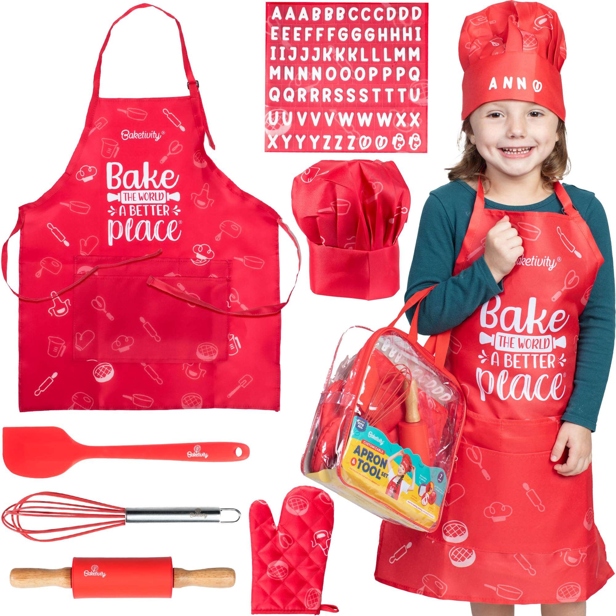 Baketivity front packaging showing full kids chef kit and contents, encouraging play
