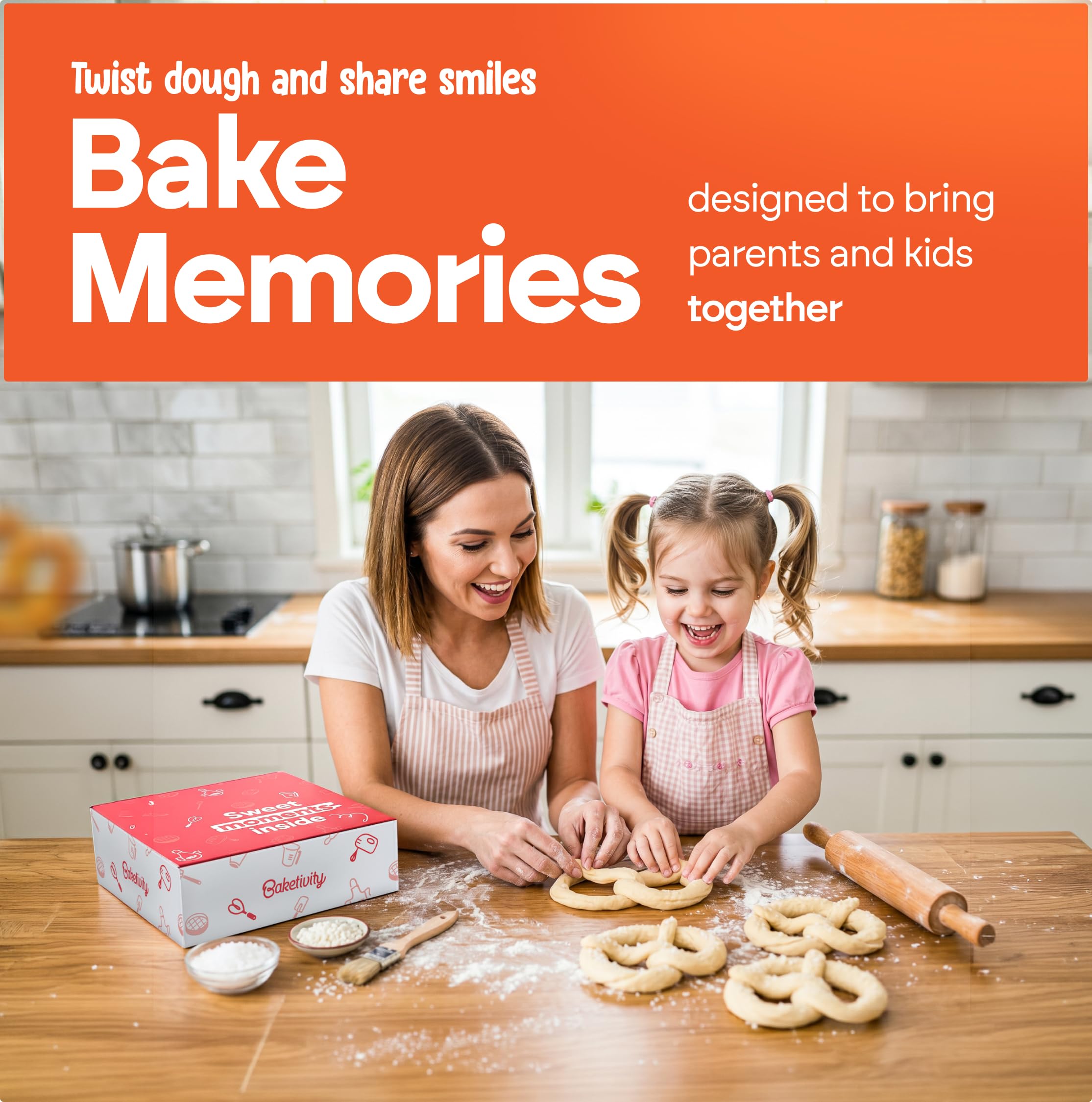 Baketivity kit next to child’s hand for size, clarifies portion and serving scale