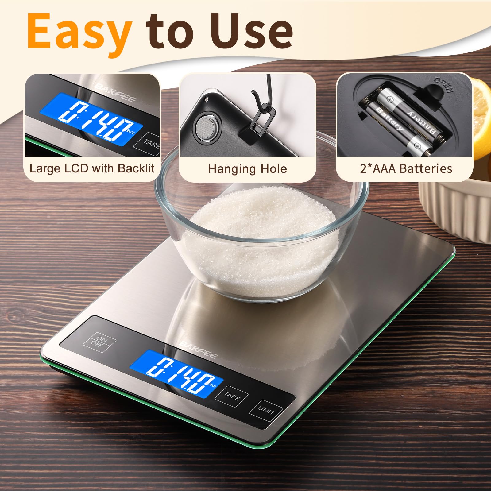 BakFee clear backlit display and buttons illustrating easy reading and one-touch tare convenience